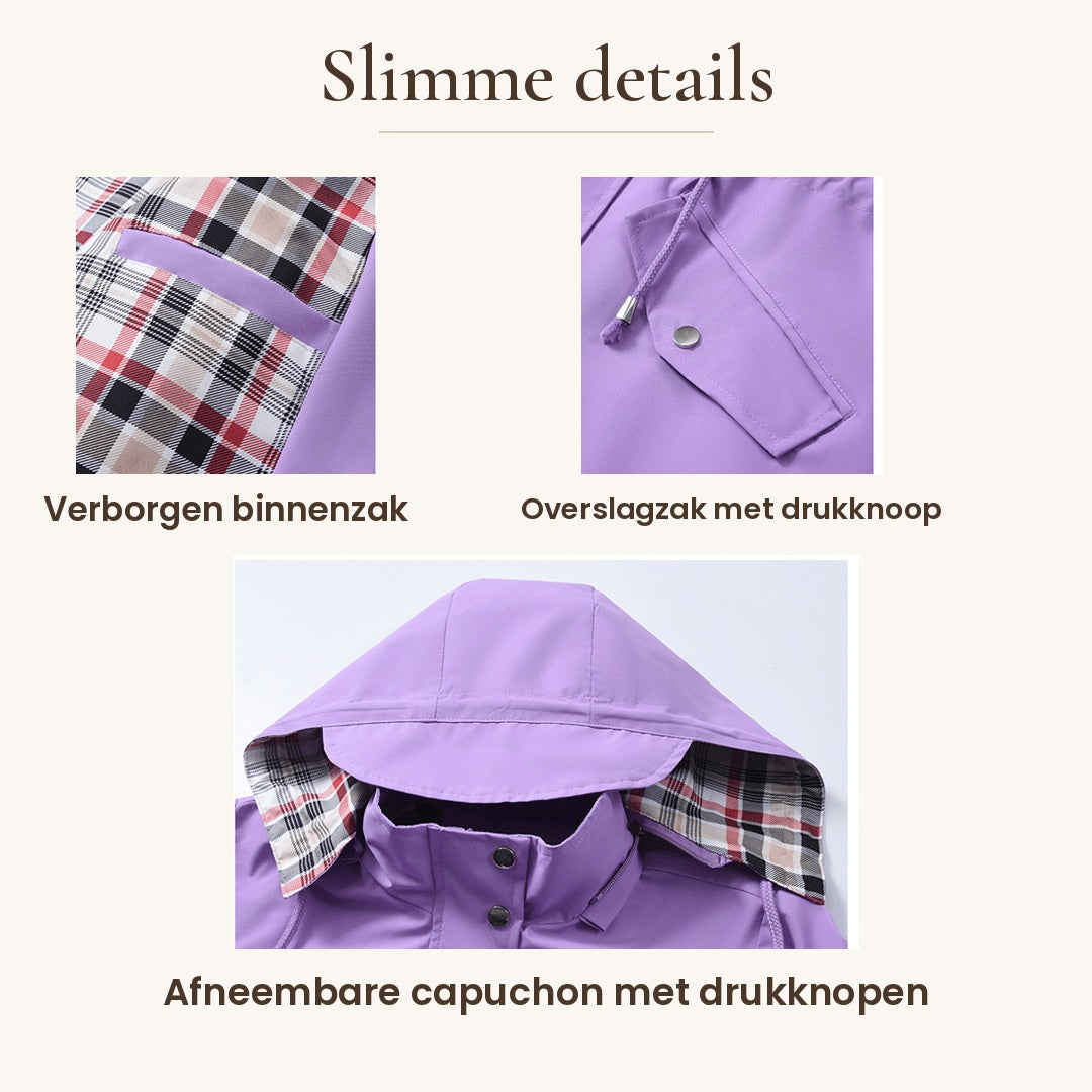Details van de Carlotta regenjas: capuchon, taillekoord en zakken